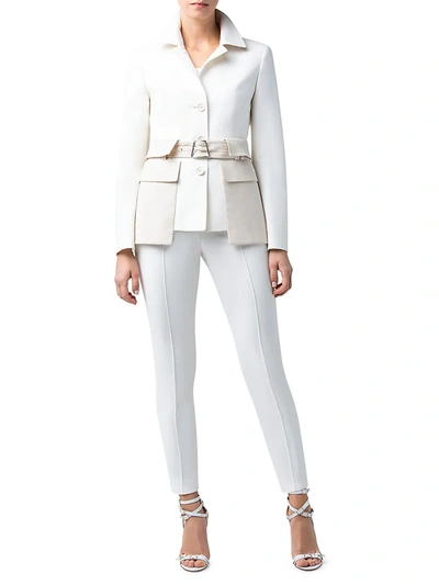 Shop Akris Narino Bi-color Belted Flap Pocket Jacket In Ecru Beige