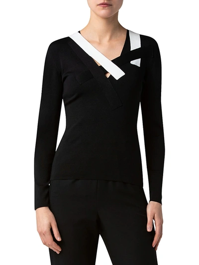Shop Akris Cutout Asymmetric Silk Stretch Knit Sweater In Black Ecru