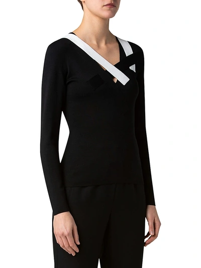 Shop Akris Cutout Asymmetric Silk Stretch Knit Sweater In Black Ecru