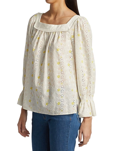Shop See By Chloé Floral Broderie Anglaise Puff-sleeve Blouse In White