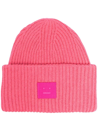 Shop Acne Studios Ribbed-knit Logo-patch Beanie In Pink