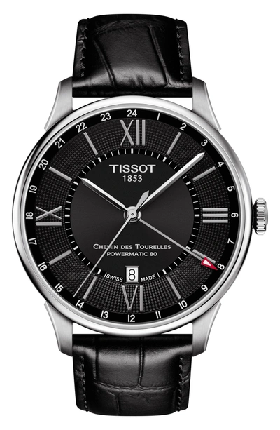 Shop Tissot T-classic Chemin Des Tourelles Powermatic 80 Automatic Leather Watch, 42mm In Black/ Silver
