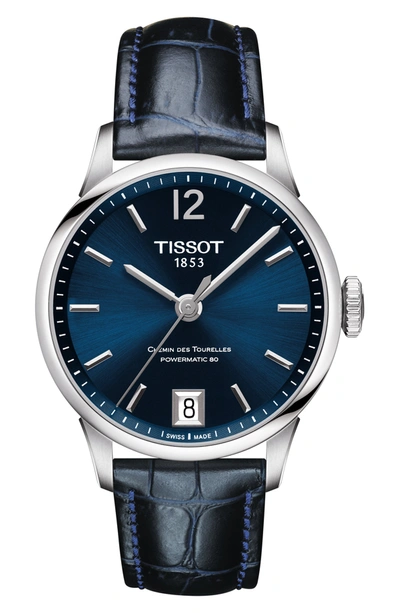 Shop Tissot Chemin Des Tourelles Powermatic 80 Lady Leather Strap Watch In Blue/ Silver