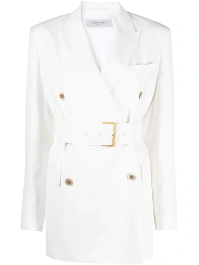Shop Golden Goose Double-breasted Belted Blazer In White