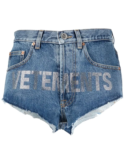 Shop Vetements Logo Print Denim Shorts In Blue