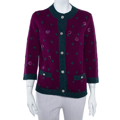 Pre-owned Chanel Purple Cashmere Polka Dot & Sequin Embellished Button Front Cardigan M