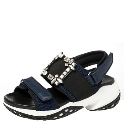 Pre-owned Roger Vivier Blue Leather And Mesh Viv Run Strass Buckle Sandals Size 38