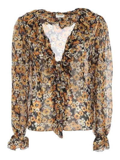 Shop Saint Laurent Floral Printed Georgette Blouse In Yellow