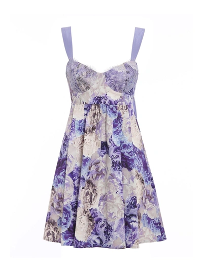Shop Elisabetta Franchi Peonies Printed Cotton Mini Dress In Purple