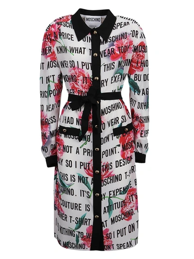 Shop Moschino Floral And Logo Printed Silk Dress In White