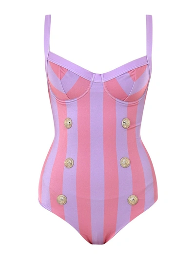 Shop Balmain Striped Swimsuit In Purple