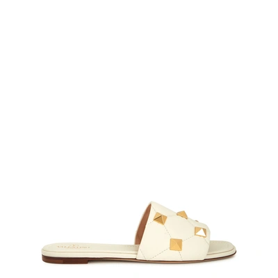 Shop Valentino Garavani Roman Stud Leather Sliders In Ivory