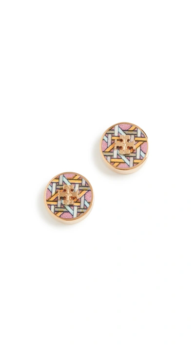 Shop Tory Burch Kira Printed Circle Stud Earrings In Tory Gold/pink Basketweave