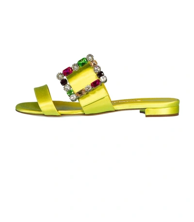 Shop Manolo Blahnik Verda Crystal Buckle Flat Sandals In Green