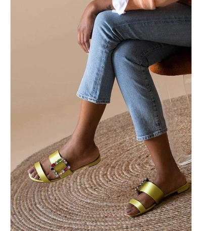 Shop Manolo Blahnik Verda Crystal Buckle Flat Sandals In Green