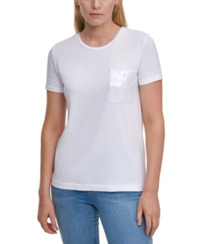 Shop Dkny Short Sleeve Sequin Pocket T-shirt In White