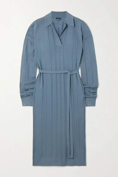 Shop Joseph Belted Merino Wool-blend Midi Dress In Blue