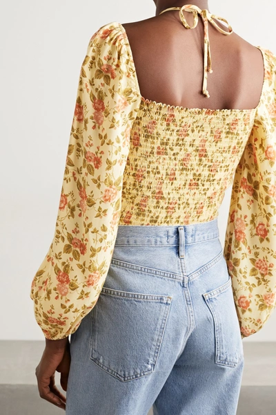 Shop Reformation + Net Sustain Milo Shirred Floral-print Crepe Top In Yellow