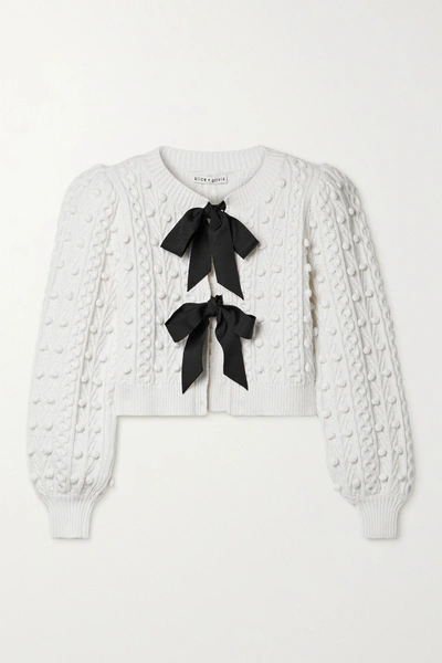 Shop Alice And Olivia Kitty Grosgrain-trimmed Cable-knit Cardigan In White