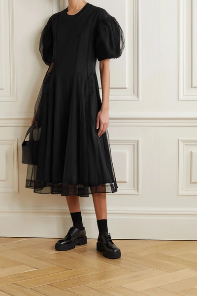 Shop Simone Rocha Layered Tulle And Supima Cotton-jersey Midi Dress In Black