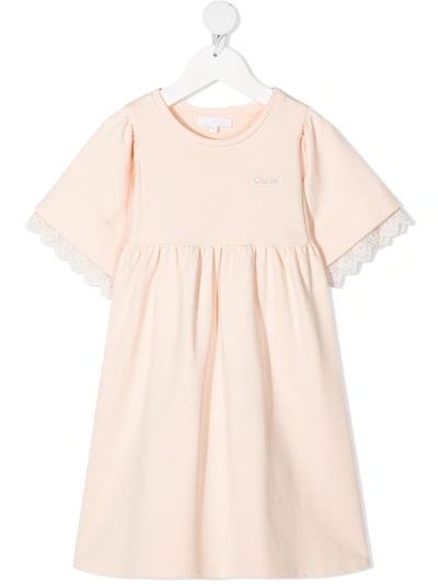 Shop Chloé Embroidered-logo Cotton Dress In Pink