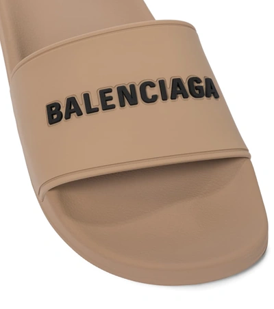 Shop Balenciaga Logo Rubber Slides In Beige/black