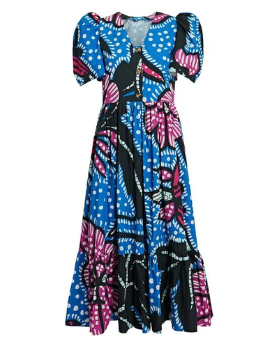 Shop Rhode Nisha Printed Poplin Midi Dress In Blue/purple