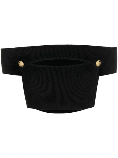 Shop Balmain Off-the-shoulder Cropped Knit Top In Black