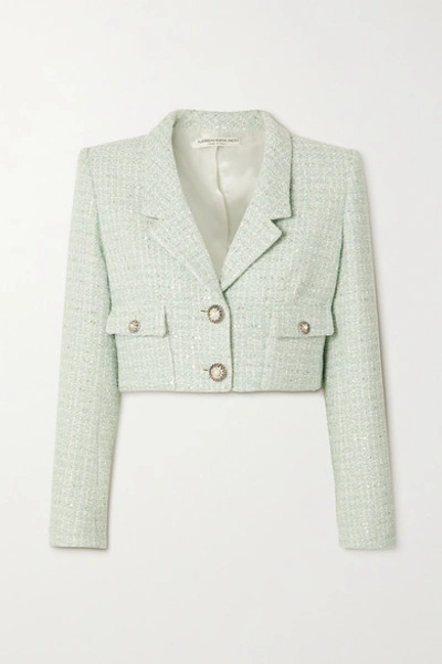 Shop Alessandra Rich Cropped Embellished Sequined Wool-blend Tweed Jacket In Mint