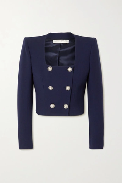 Shop Alessandra Rich Crystal-embellished Double-breasted Wool-blend Crepe Jacket In Navy