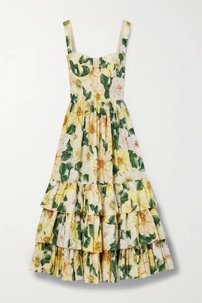 Shop Dolce & Gabbana Tiered Floral-print Cotton-poplin Midi Dress In Yellow