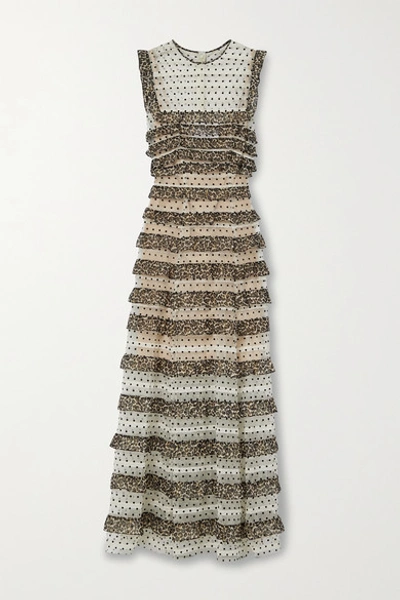 Shop Costarellos Ingrid Leopard-print Chiffon And Polka-dot Flocked Tulle Maxi Dress In Leopard Print