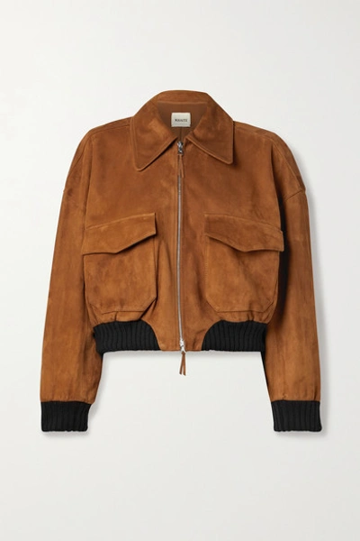 Shop Khaite Larissa Cropped Stretch Wool-trimmed Suede Bomber Jacket In Camel