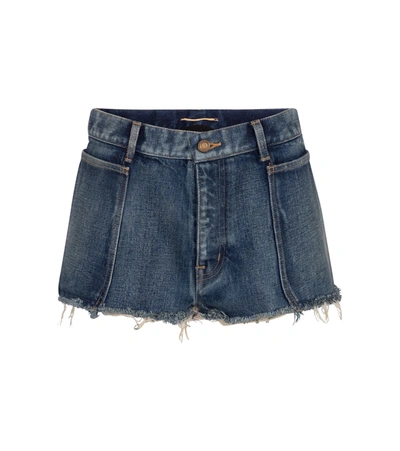 Shop Saint Laurent Frayed Low-rise Denim Shorts In Blue