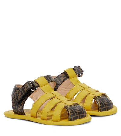 Shop Fendi Baby Ff Leather Sandals In Yellow