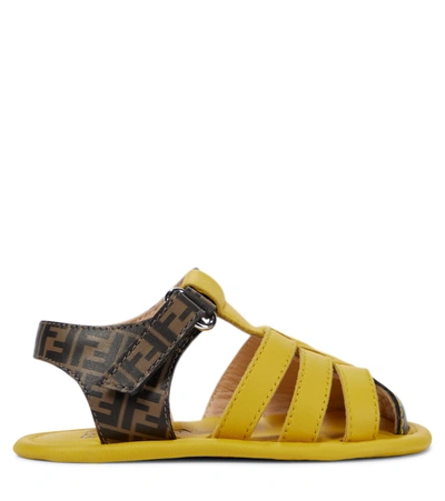 Shop Fendi Baby Ff Leather Sandals In Yellow