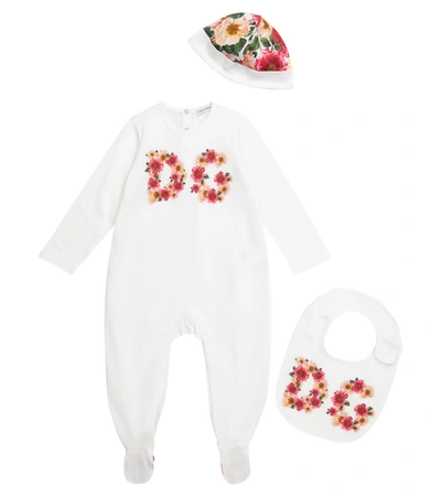 Shop Dolce & Gabbana Baby Floral Cotton Onesie, Hat And Bib Set In White