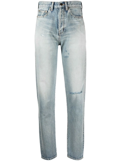 Shop Saint Laurent High-waist Ripped Jeans In Blue