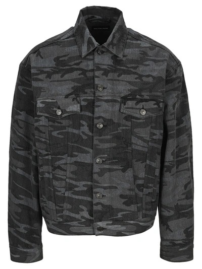 Shop Balenciaga Camouflage Denim Jacket In Grey Camu