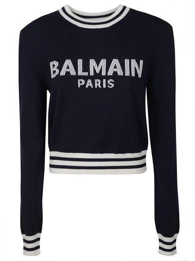 Shop Balmain Logo Embroidered Stripe Detail Sweater In Blue