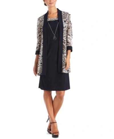 Shop R & M Richards 2-pc. Printed Jacket & Necklace Dress In Navy Taupe