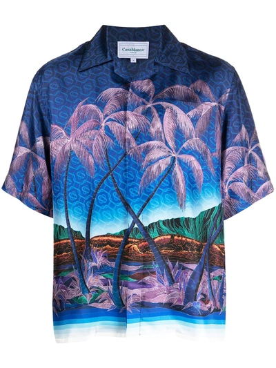 Shop Casablanca Tropical Print Silk Shirt In Blue