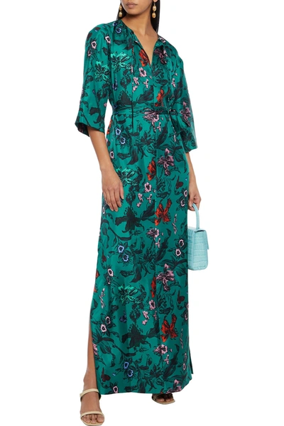Shop Diane Von Furstenberg Caris Belted Floral-print Silk-twill Maxi Dress In Emerald