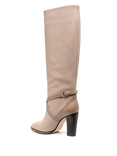 Shop Pollini High Leather Boots With Crossed Strap In Beige