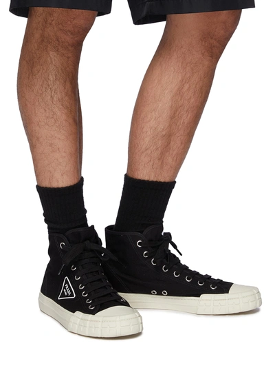 Shop Prada Logo Print High Top Lace Up Sneakers