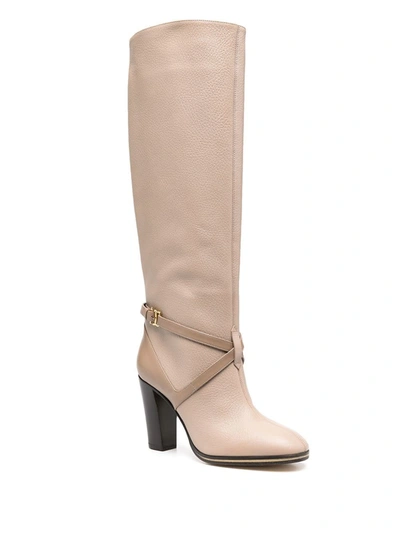 Shop Pollini High Leather Boots With Crossed Strap In Beige