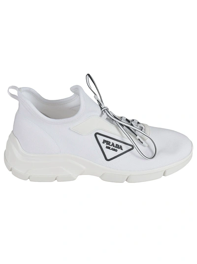 Shop Prada Side Embossed Logo Sneakers In White
