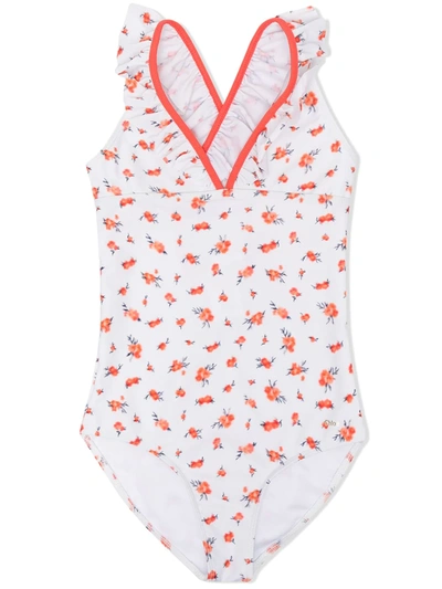 Shop Chloé Floral-print Ruffle Swimsuit In White