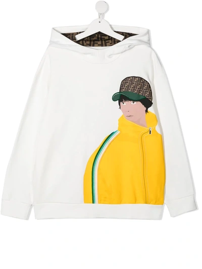 Shop Fendi Teen Guy With Ff Cap Graphic-print Hoodie In White