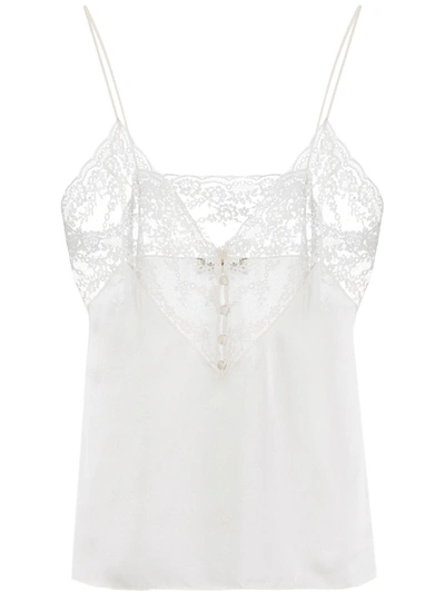 Shop Saint Laurent Floral Lace Silk Camisole Top In White